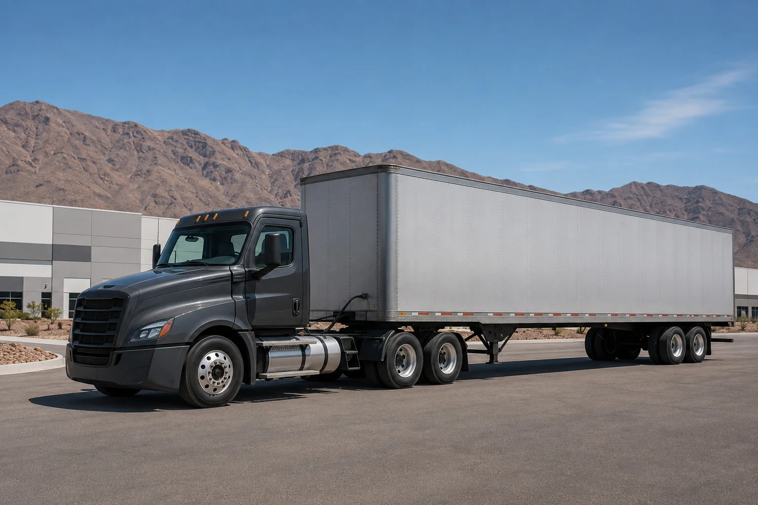 Graphite tractor and silver trailer beside an industrial building in a Nevada desert setting