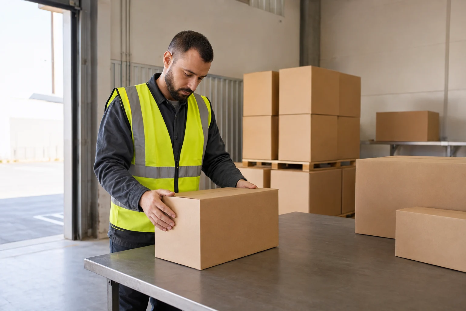 Warehouse employee examining plain cartons at a receiving table