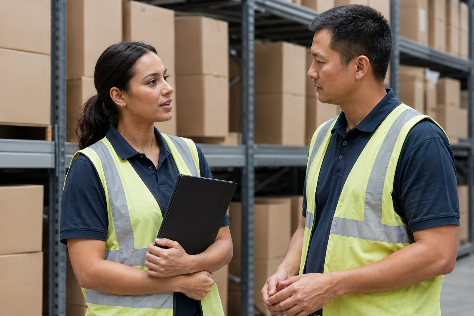 Two warehouse workers discussing a clipboard in an industrial aisle