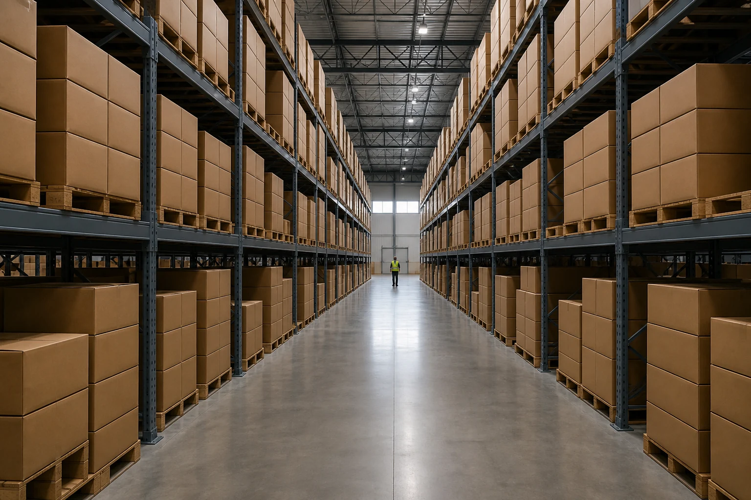 Long warehouse aisle lined with steel racks and plain cardboard cartons